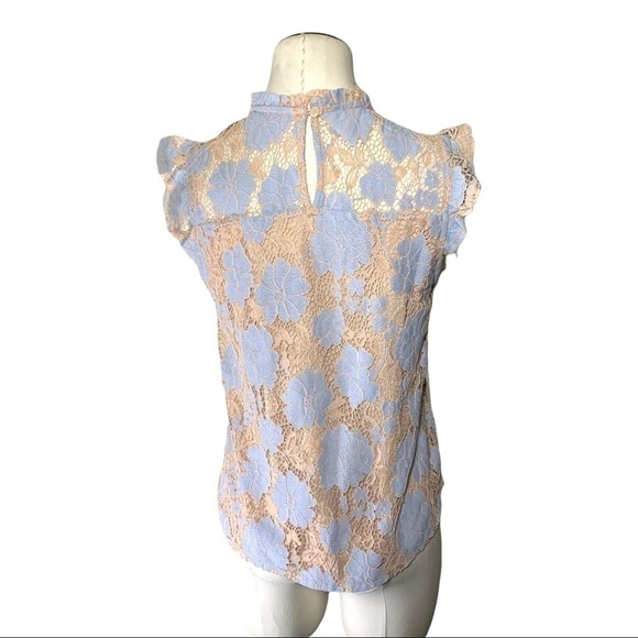 monteau Feminin Blue Floral Crochet Lace Top XS Baby Doll Cap Ruffle Sleeves - Picture 3 of 8